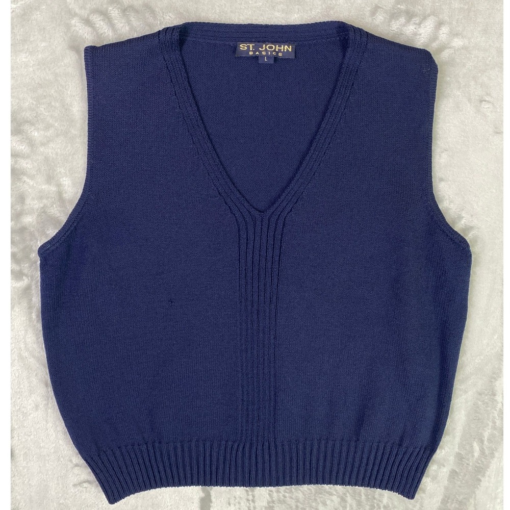St John Basics Sweater Vest Women L Navy Blue V-Neck Knit Ribbed Made in USA